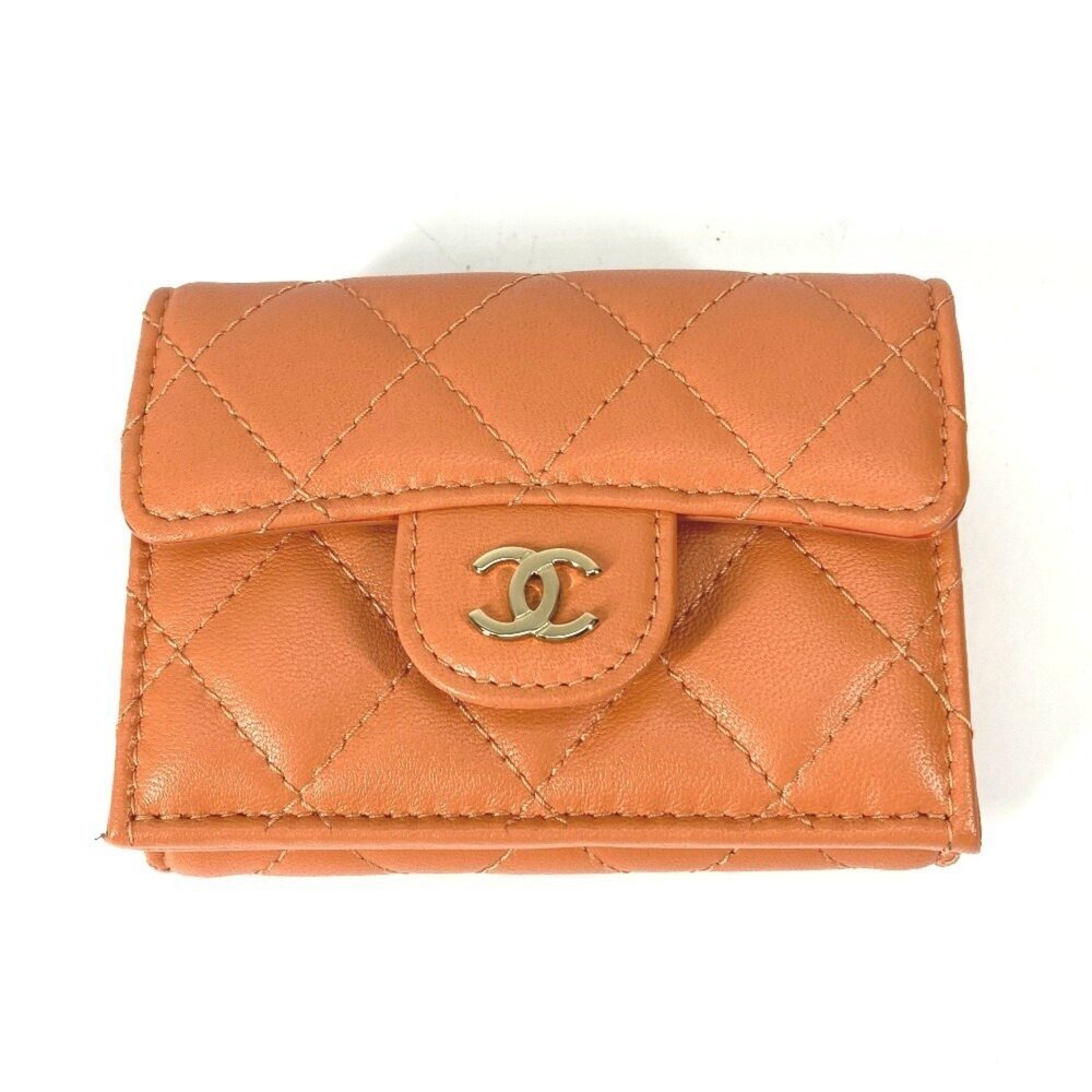 CHANEL Orange Lambskin Leather Logo Wallet